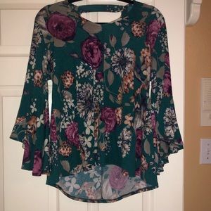 MTS Brand Large Green Floral Print High-Low Blouse with Trumpet Sleeves